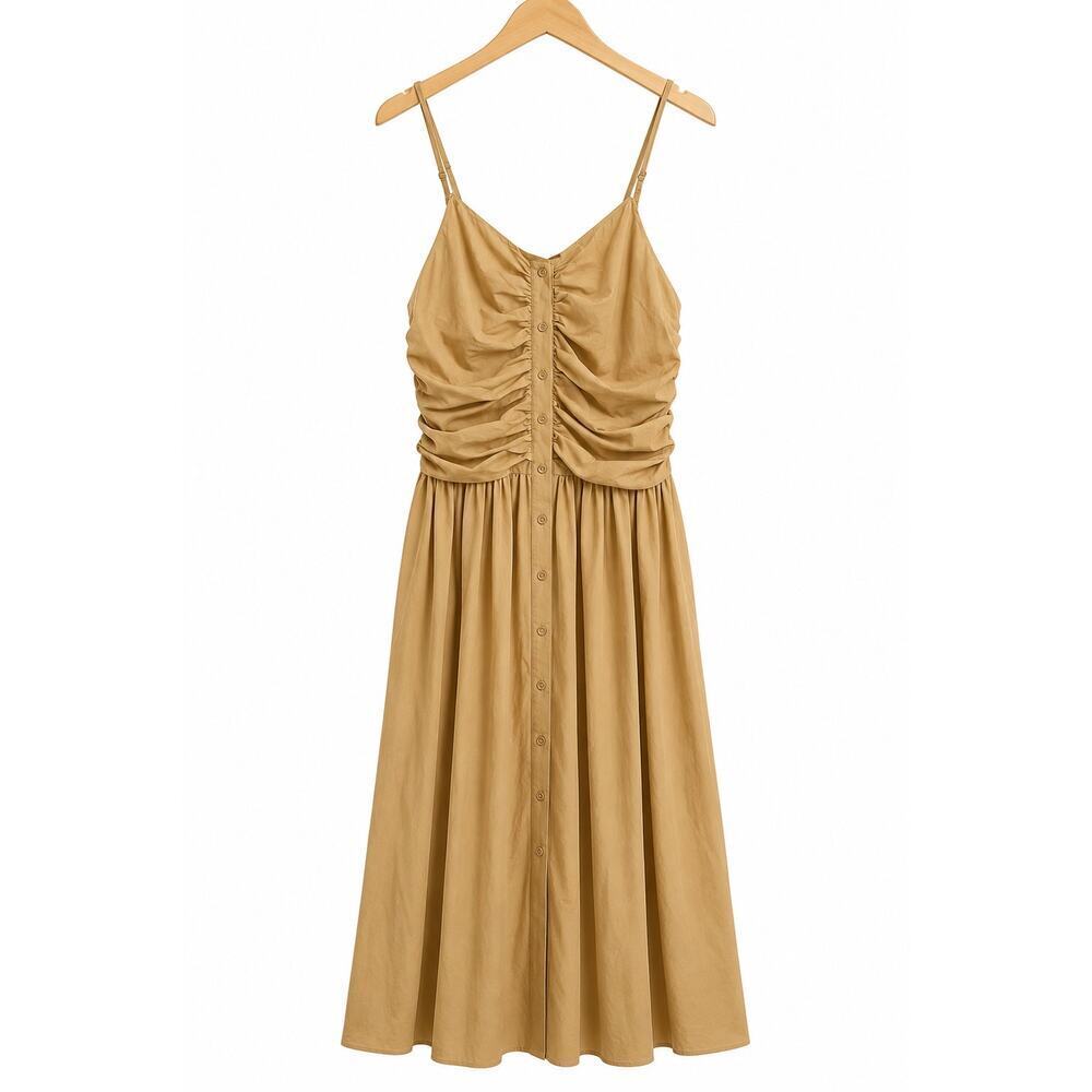 Future Collective NWT Tan Ruched Midi Dress Medium Cottagecore Boho Sundress